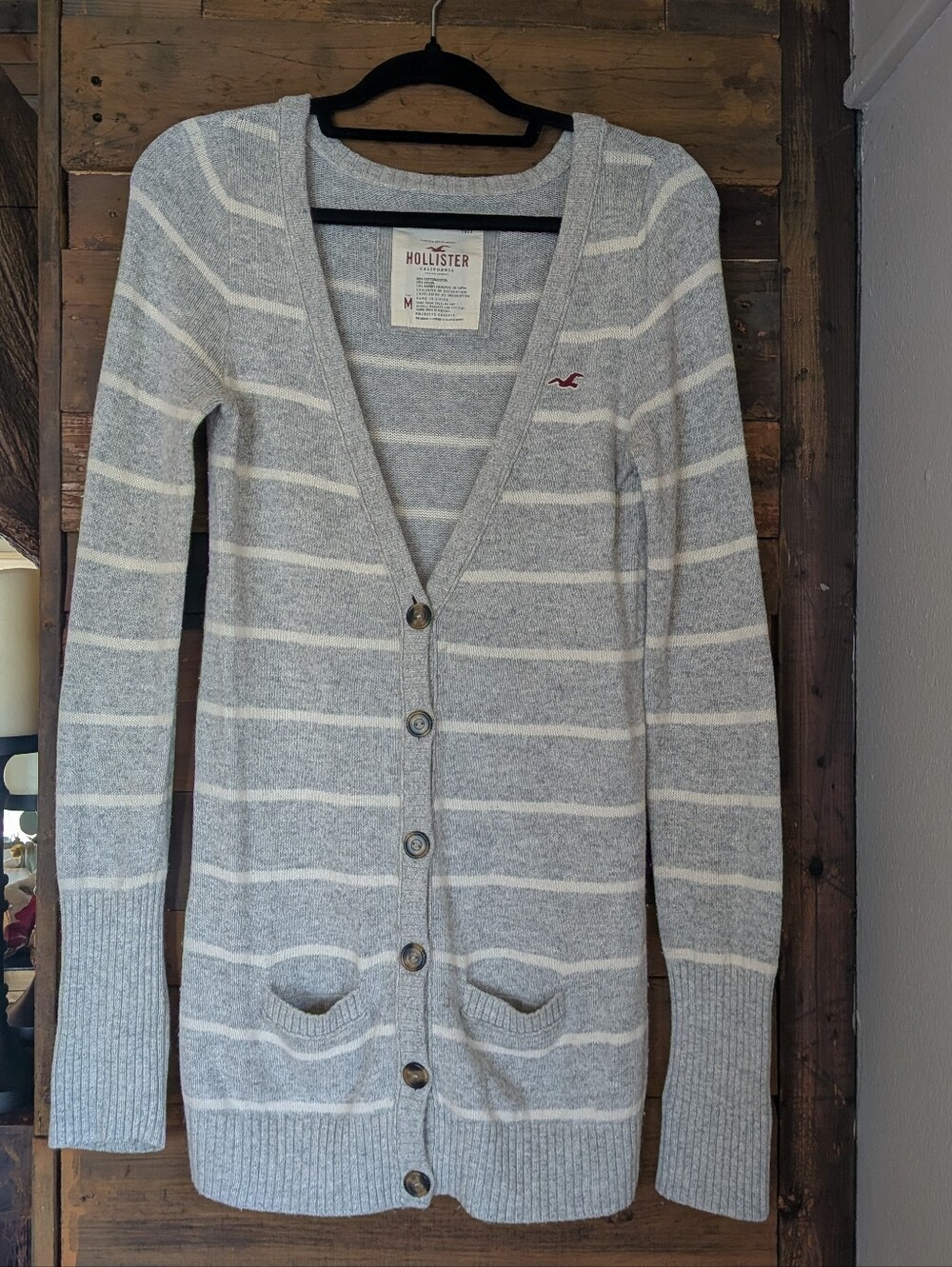 Vintage Y2K Hollister Women's Gray Striped Button-Up Cardigan Sweater